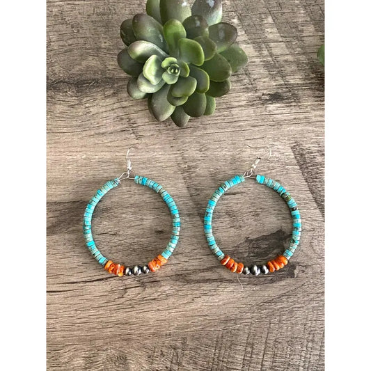 Vibrante Coral, Turquoise and Sterling Silver Pearl Hoop